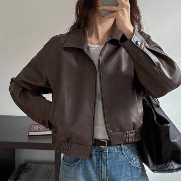 Vegan leather chocolate brown bomber jacket collared zip up vintage style - Picture 3 of 5